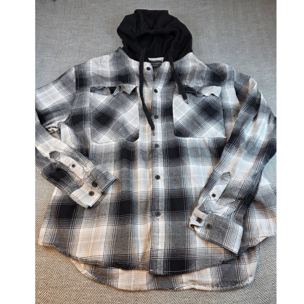 No Boundaries Mens 2XL Black White Plaid Hooded Flannel Shirt Oversized Fit